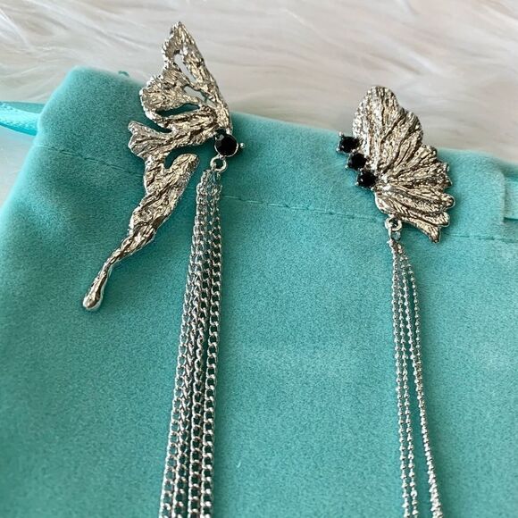 New 925 Silver Post  Asymmetric Butterfly Wing Long Tassel Earrings - Picture 6 of 13